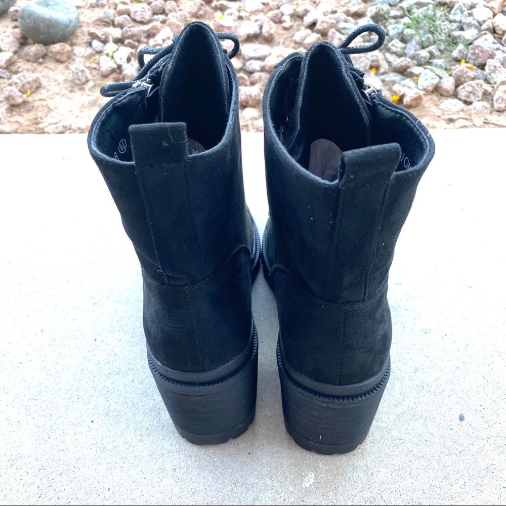 New Black Vegan Suede Zip Lace Up Moto Boots - Picture 6 of 8